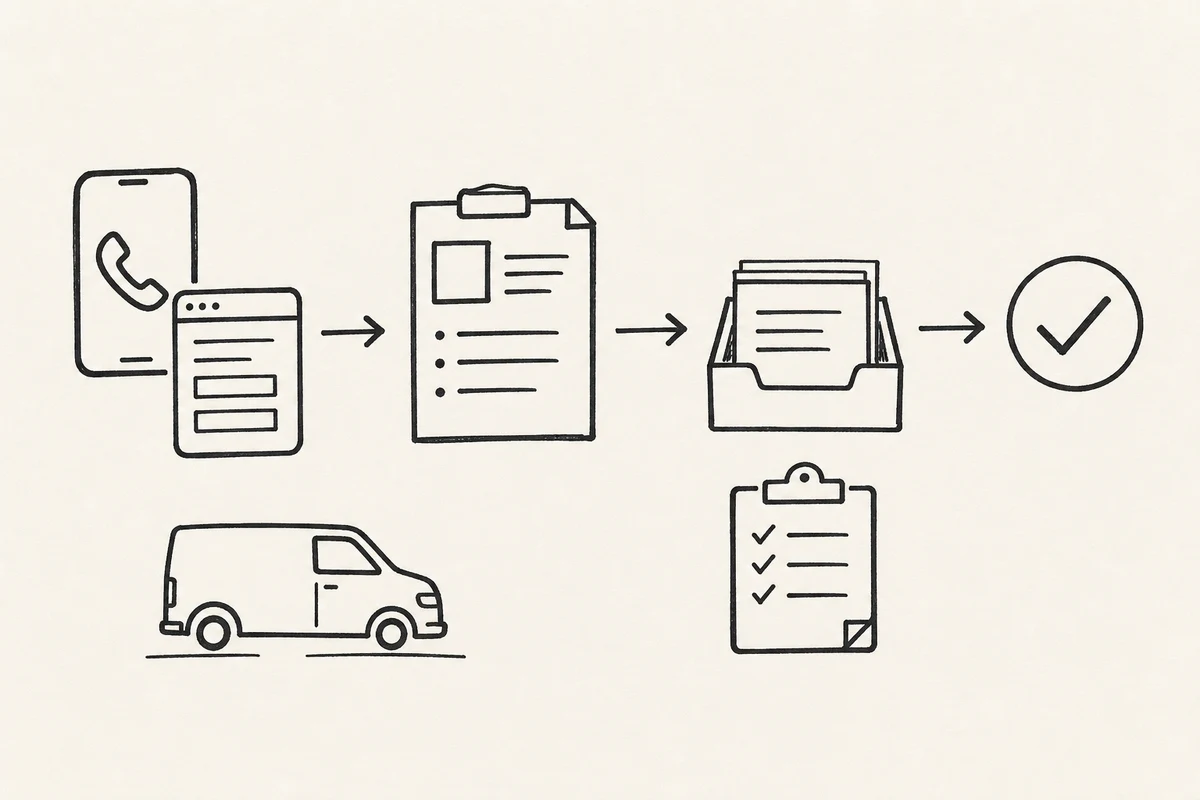 Hand drawn sketch showing a lead routed through owner assignment and follow-up review.