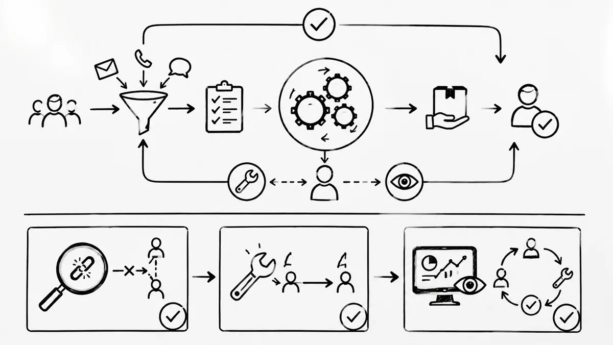 Hand drawn sketch showing a cleaned-up operations board with visible review points.